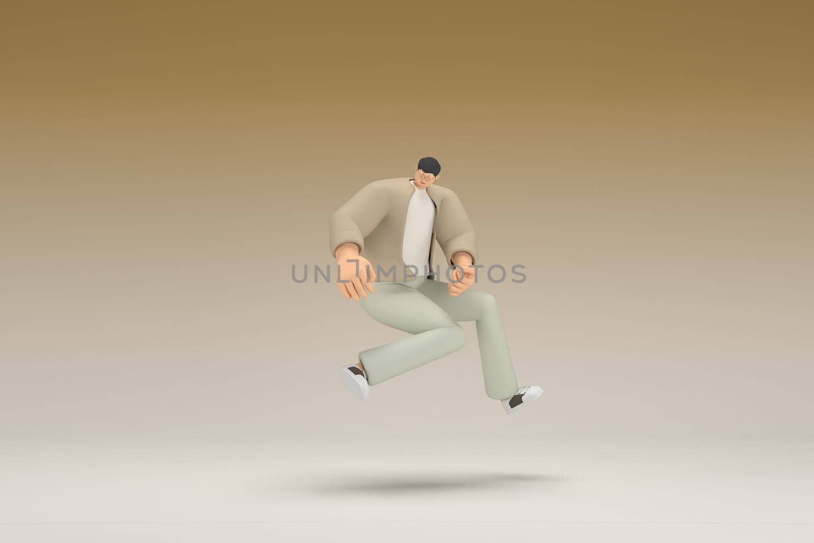 A man with glasses wearing brown cloth is running.  3d rendering of cartoon character in acting.