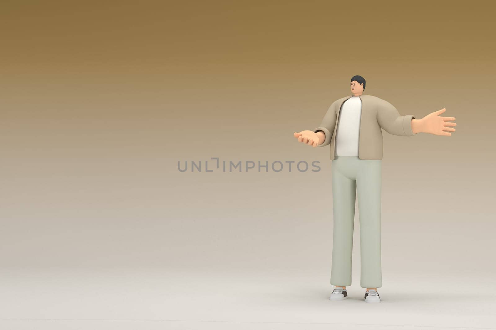 A man with glasses wearing brown cloth. He is expression of hand when talking. 3d rendering of cartoon character in acting.