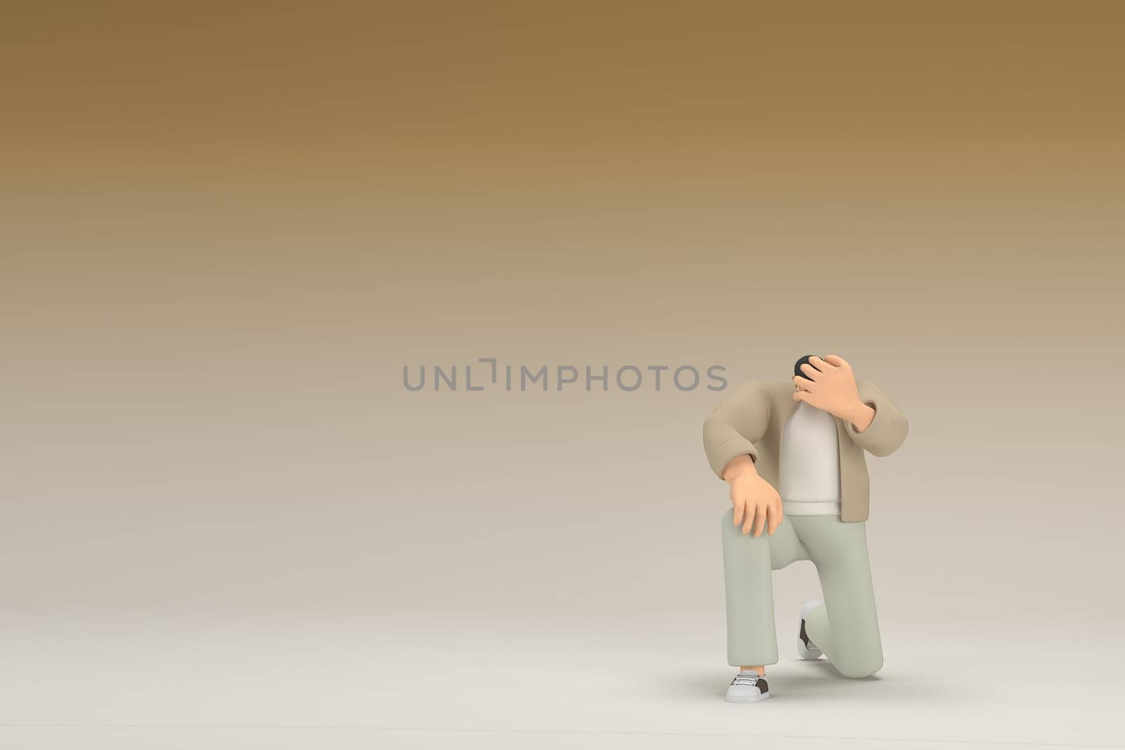 A man with glasses wearing brown cloth.  He is sad or in pain. 3d rendering of cartoon character in acting.