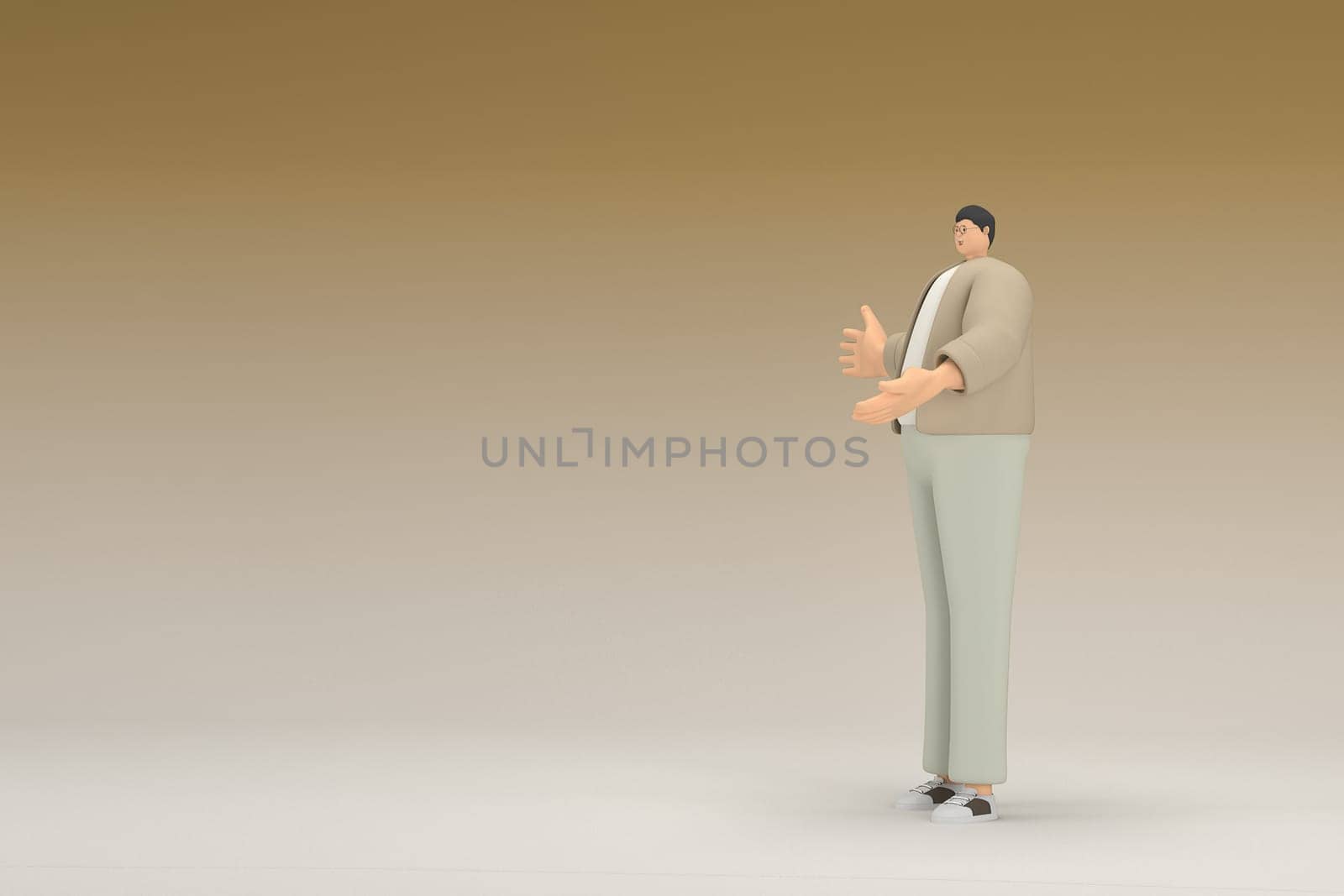 A man with glasses wearing brown cloth. He is expression of hand when talking. 3d rendering of cartoon character in acting.
