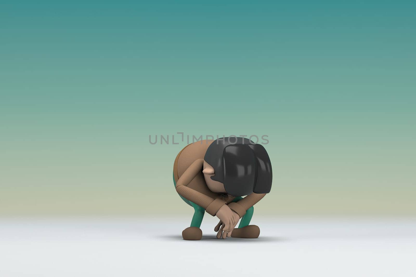 The man  with mustache wearing a brown long sleeve shirt green pants.  He is sad or in pain. 3d illustrator of cartoon character in acting.