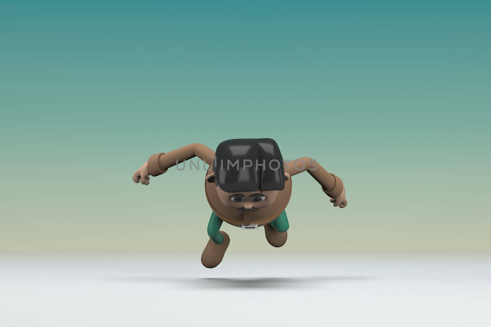 The man  with mustache wearing a brown long shirt green pants. He is falling down. 3d illustrator of cartoon character in acting.