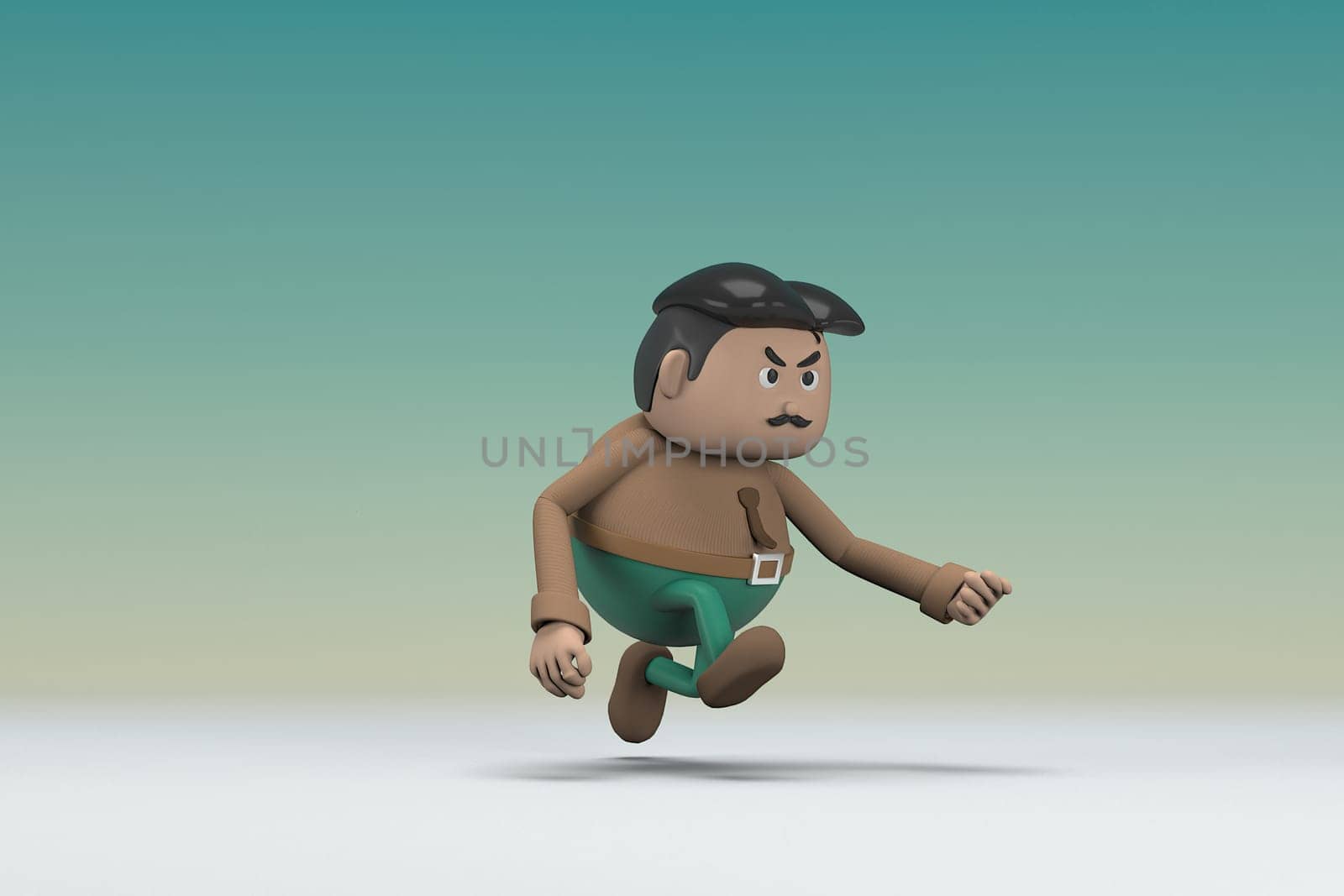 The man  with mustache wearing a brown long shirt green pants.  He is doing exercise. 3d illustrator of cartoon character in acting.
