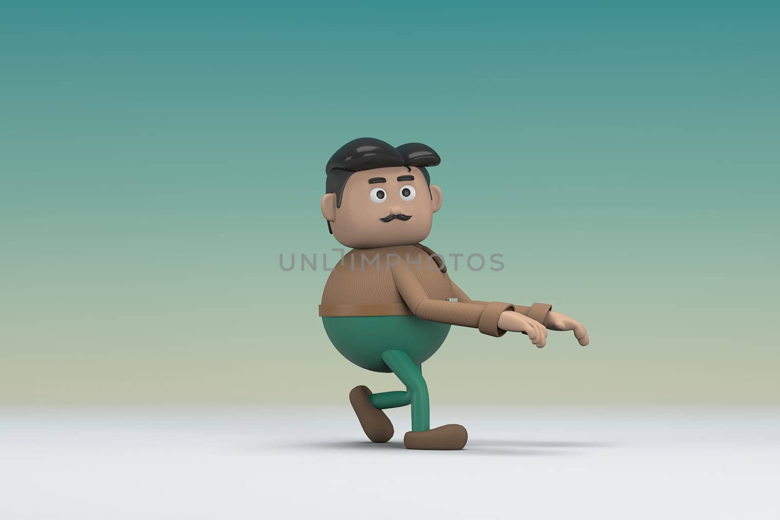 The man  with mustache wearing a brown long shirt green pants.  He is expression  of body and hand when talking.  3d illustrator of cartoon character in acting.