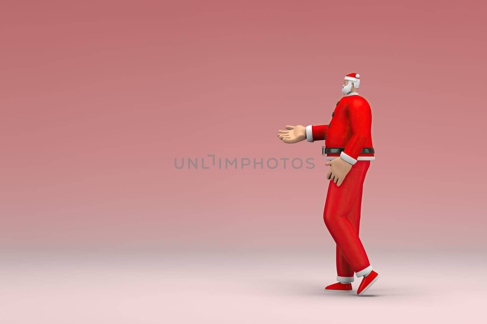 A man wearing Santa Claus costume. He is expression of hand when talking. 3d rendering of cartoon character in acting.