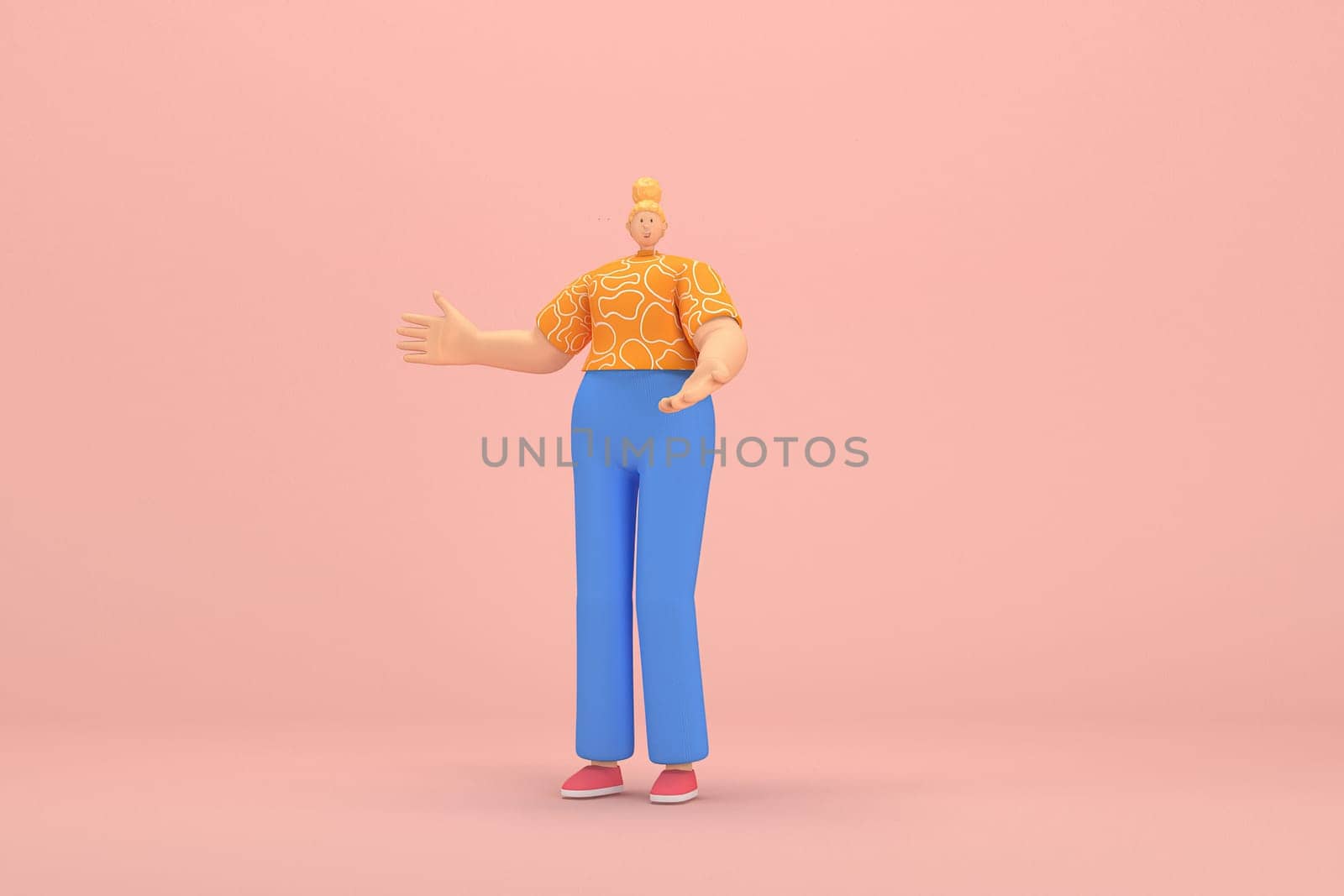 The woman with golden hair tied in a bun wearing blue corduroy pants and Orange T-shirt with white stripes.  She is expression  of hand when talking. 3d rendering of cartoon character in acting.