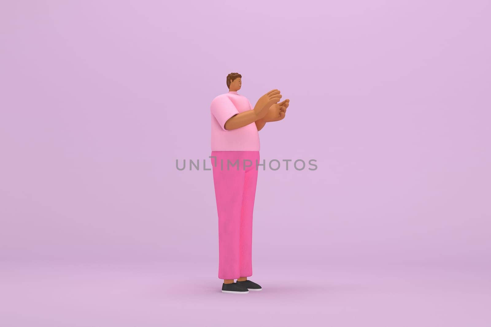 The black man with pink clothes.  He is expression  of body and hand when talking. 3d illustration of cartoon character in acting.