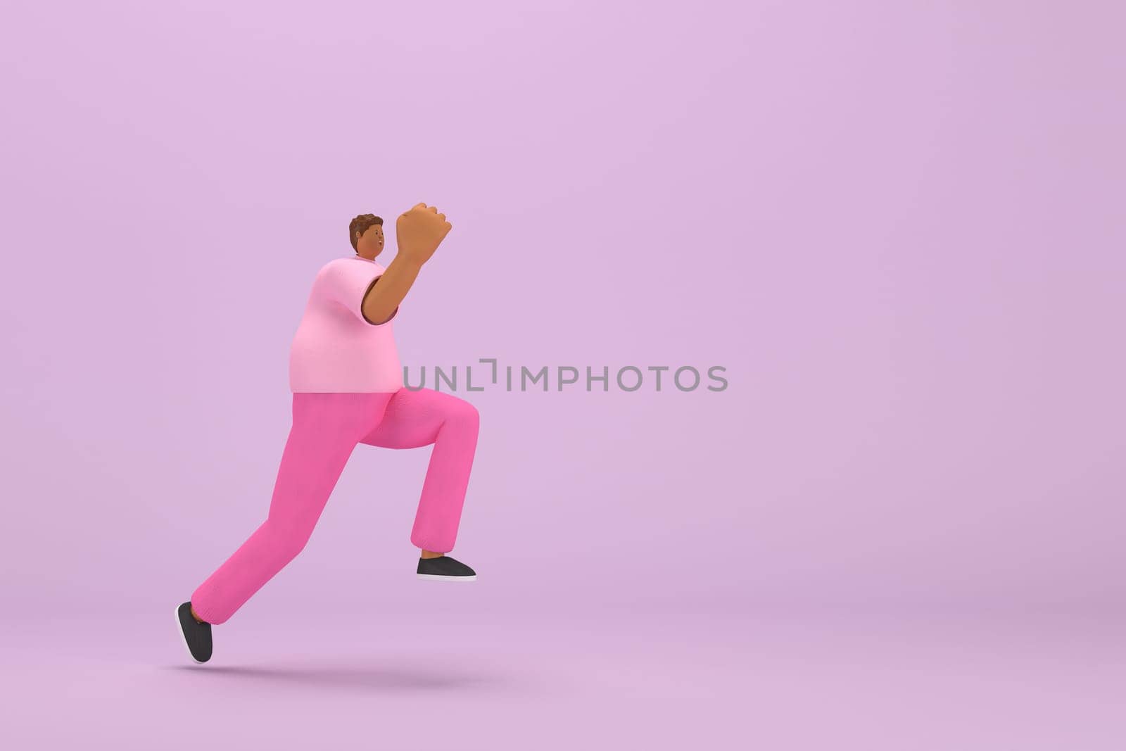 The black man with pink clothes.  He is running. 3d illustrator of cartoon character in acting.