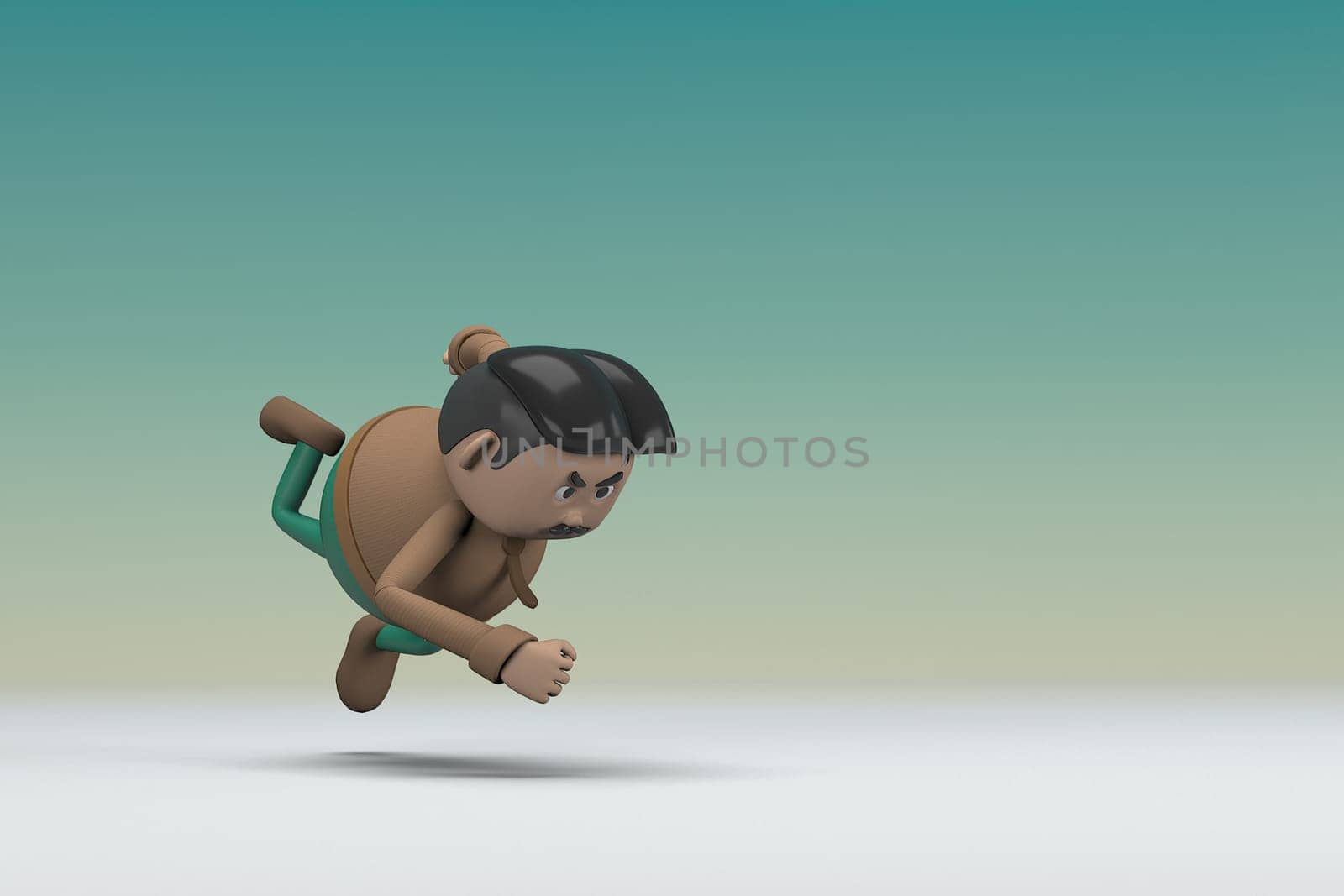 The man  with mustache wearing a brown long shirt green pants. He is falling down. 3d illustrator of cartoon character in acting.