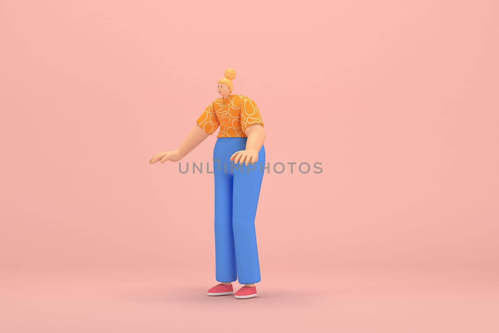 The woman with golden hair tied in a bun wearing blue corduroy pants and Orange T-shirt with white stripes.  She is expression  of hand when talking. 3d rendering of cartoon character in acting.