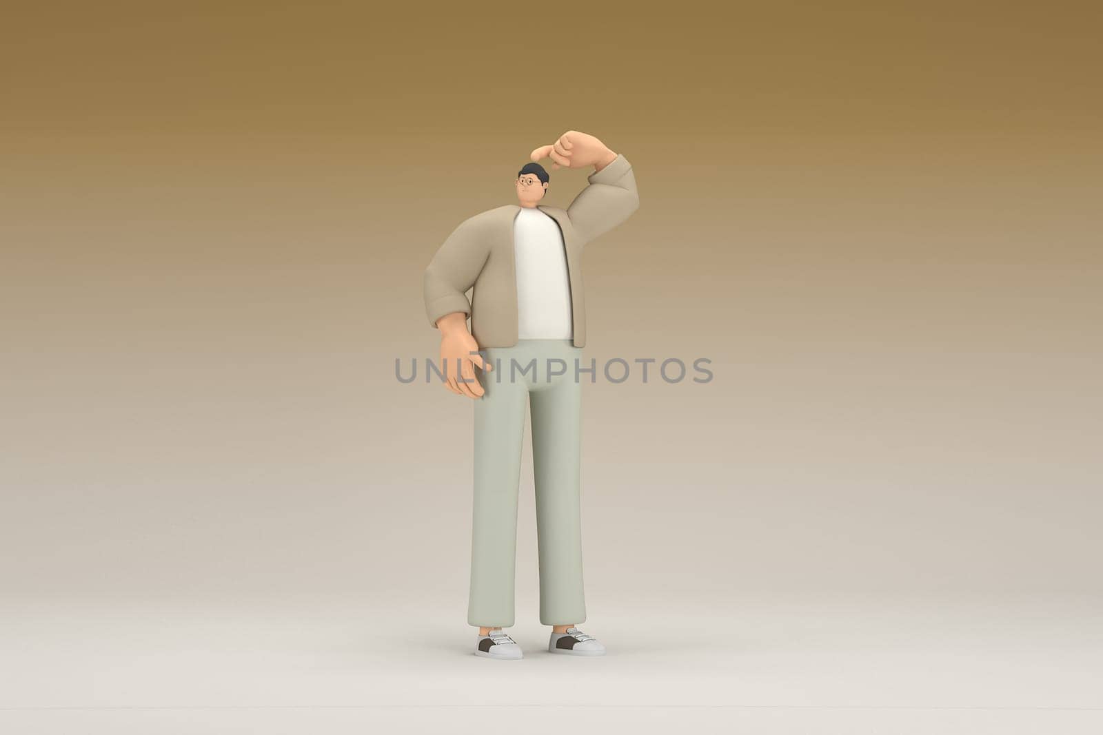A man with glasses wearing brown cloth. He is expression of hand when talking. 3d rendering of cartoon character in acting.