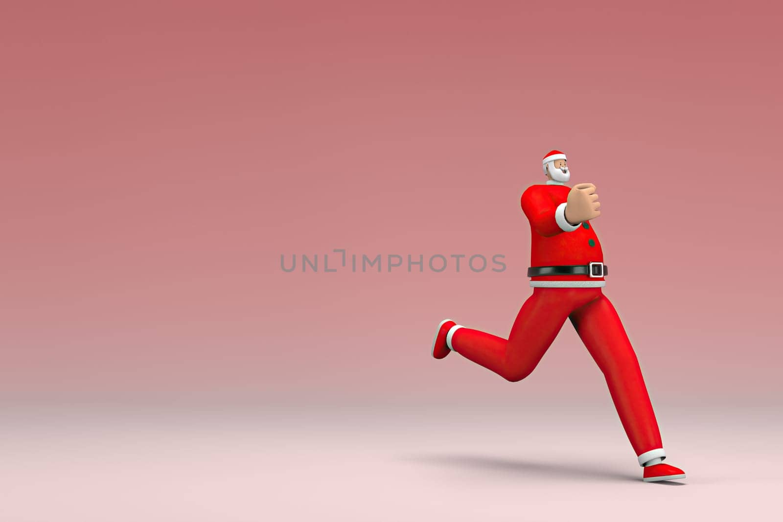 A man wearing Santa Claus costume is running. 3d rendering of cartoon character in acting.