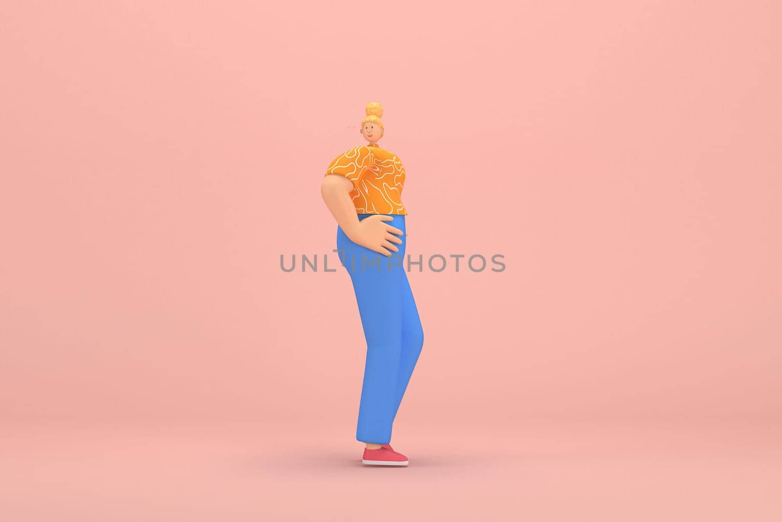 The woman with golden hair tied in a bun wearing blue corduroy pants and Orange T-shirt with white stripes.  She is expression  of hand when talking. 3d rendering of cartoon character in acting.