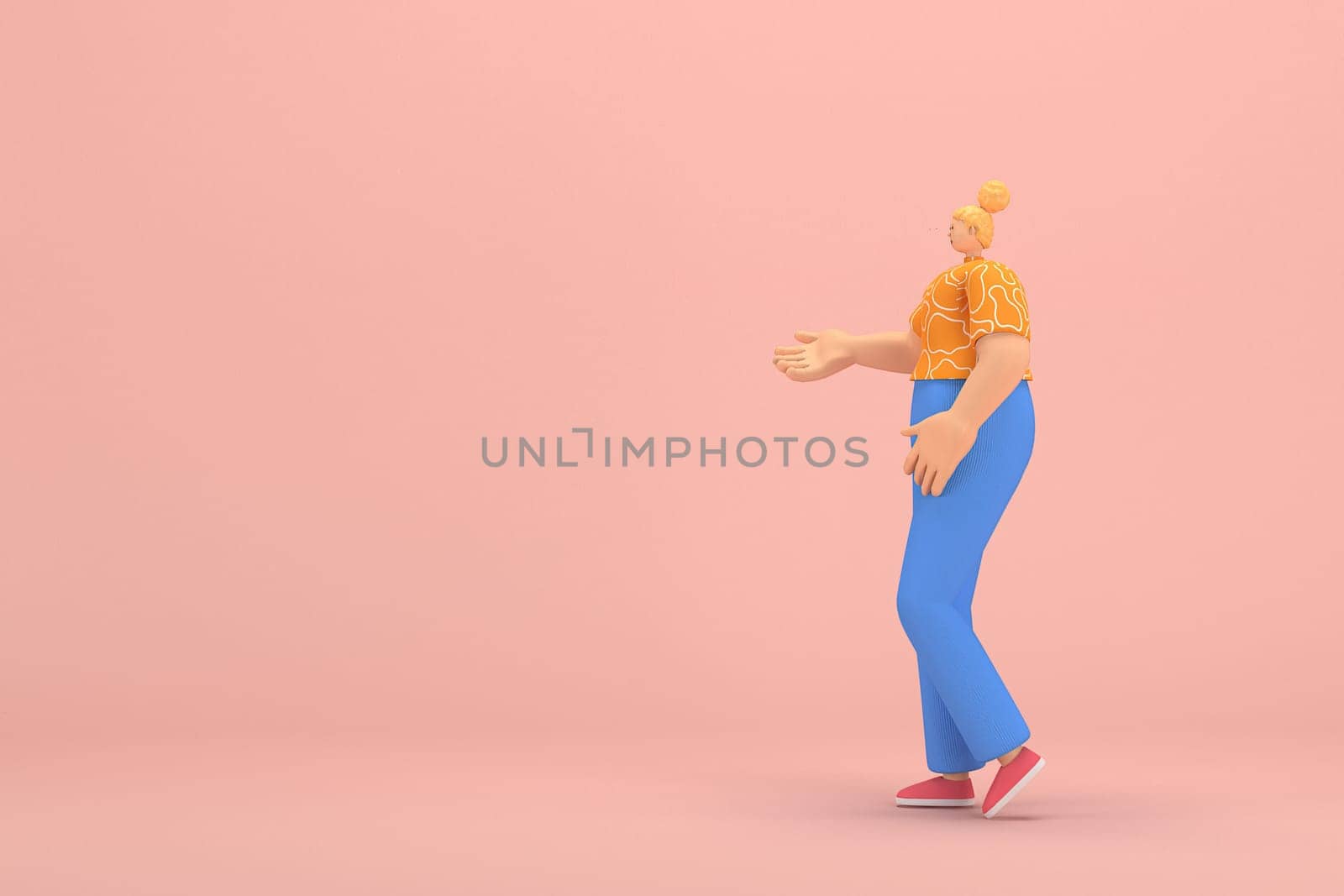 The woman with golden hair tied in a bun wearing blue corduroy pants and Orange T-shirt with white stripes.  She is expression  of hand when talking. 3d rendering of cartoon character in acting.