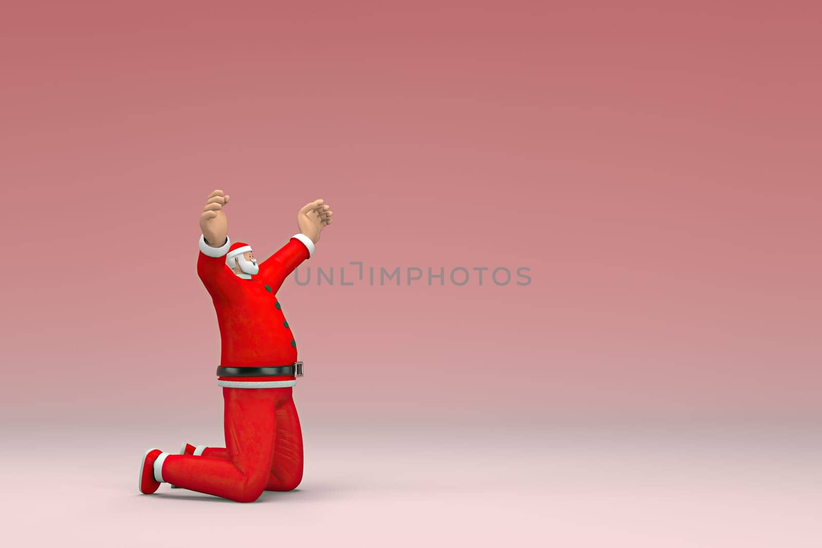 A man wearing Santa Claus costume issit down.  3d rendering of cartoon character in acting.