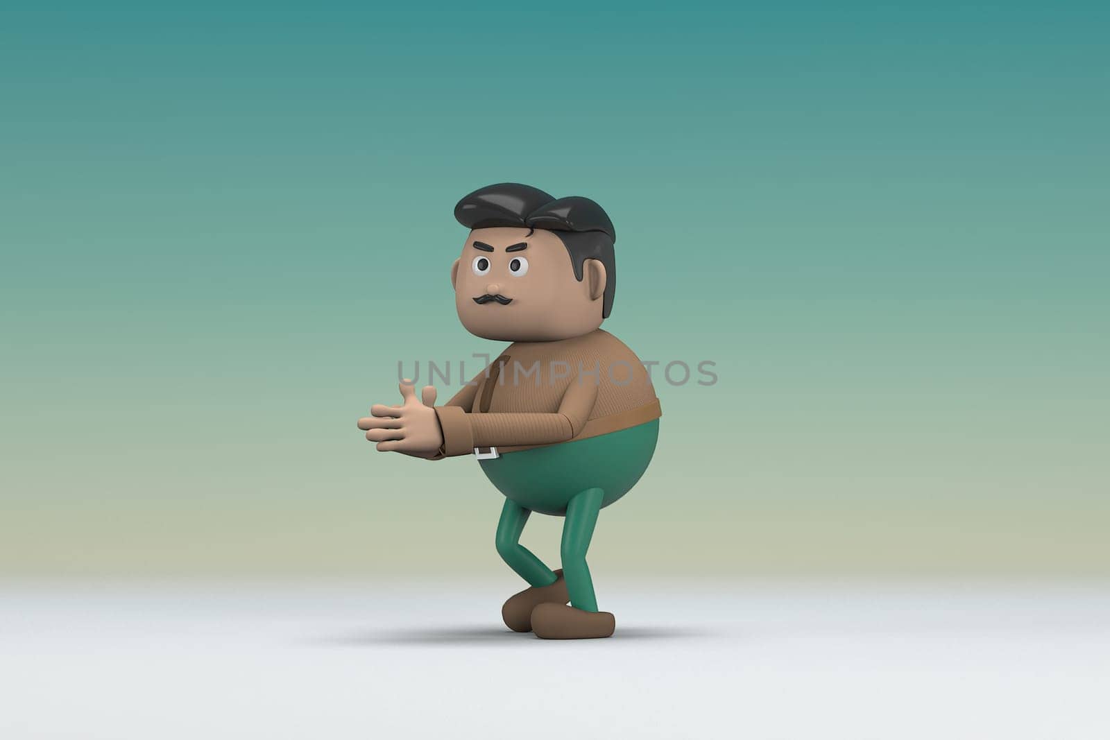 The man  with mustache wearing a brown long shirt green pants.  He is expression  of body and hand when talking.  3d illustrator of cartoon character in acting.