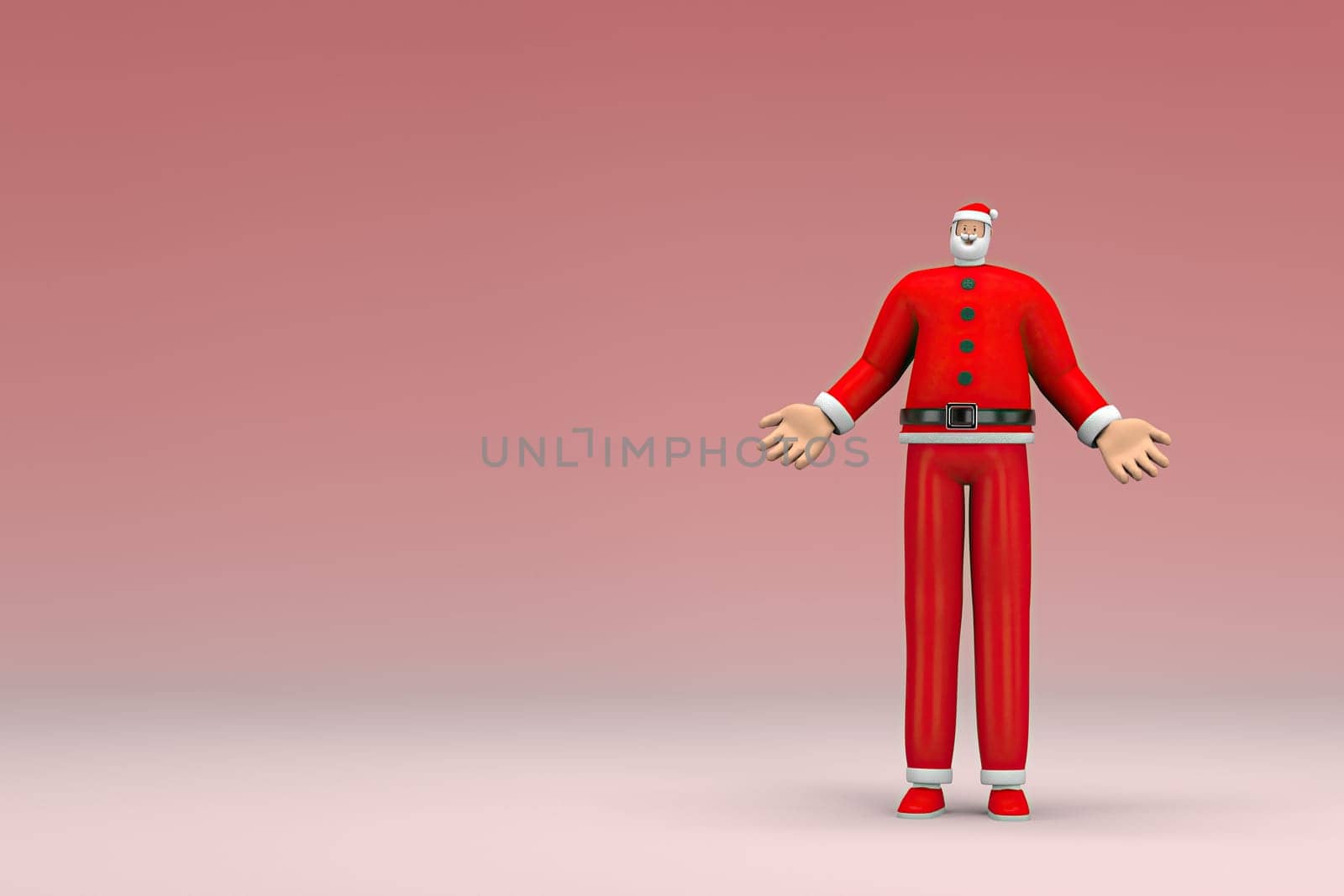 A man wearing Santa Claus costume. He is expression of hand when talking. 3d rendering of cartoon character in acting.