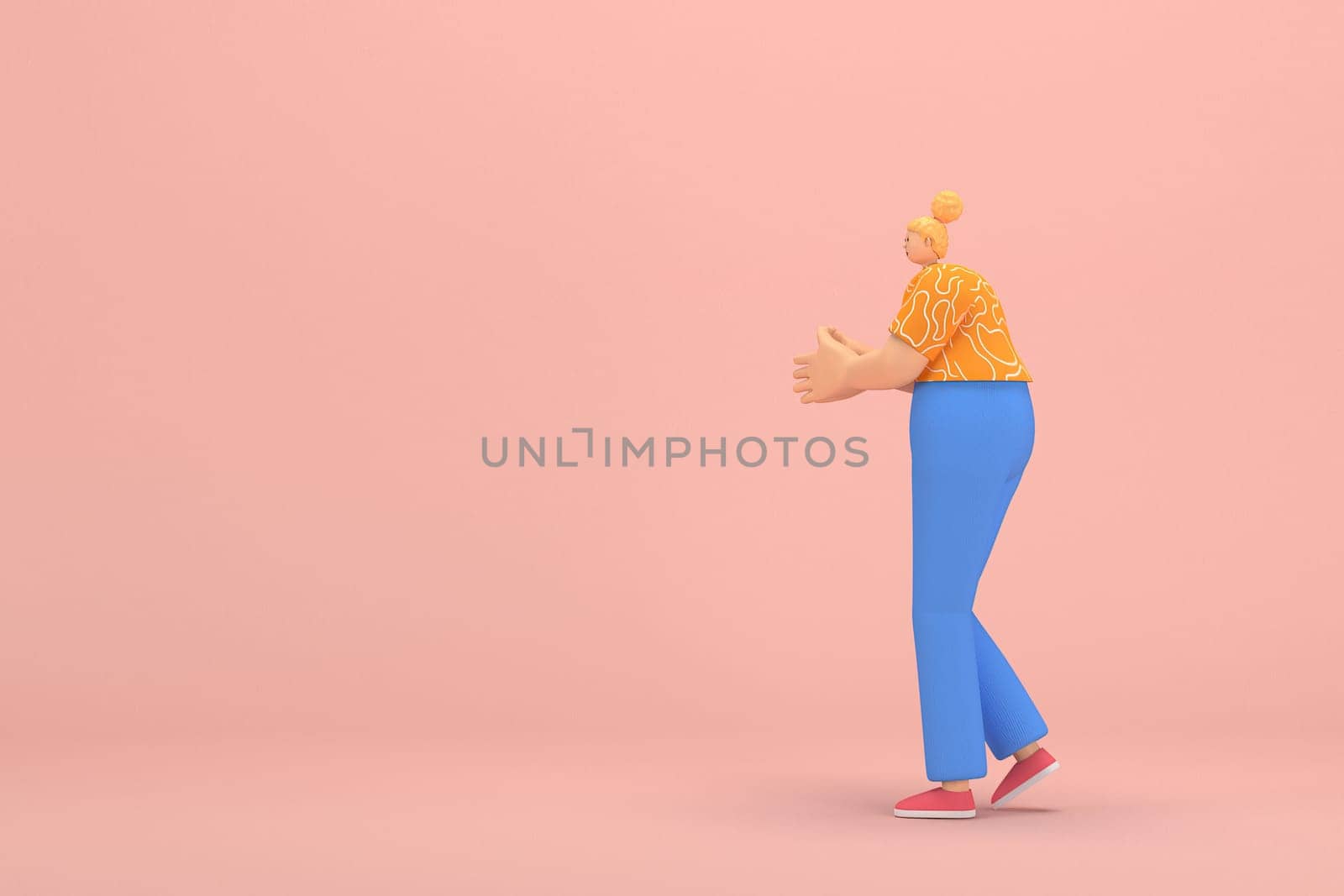 The woman with golden hair tied in a bun wearing blue corduroy pants and Orange T-shirt with white stripes.  She is expression  of hand when talking. 3d rendering of cartoon character in acting.