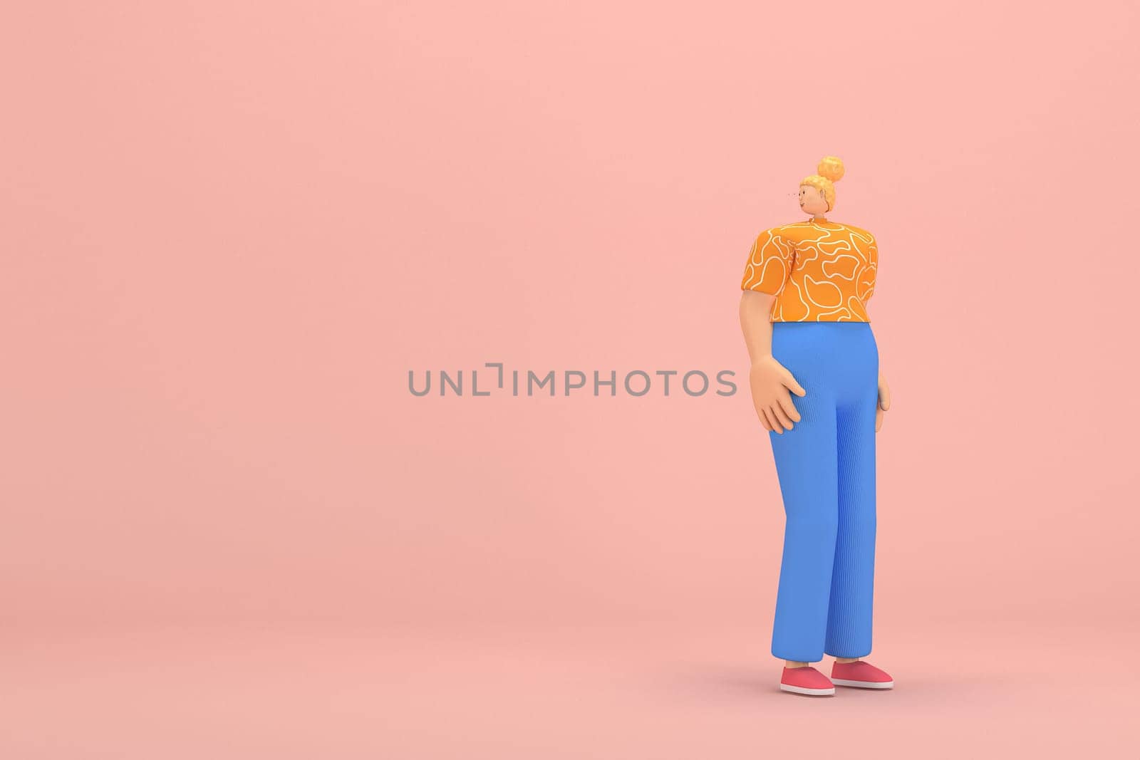 The woman with golden hair tied in a bun wearing blue corduroy pants and Orange T-shirt with white stripes.  She is expression  of hand when talking. 3d rendering of cartoon character in acting.