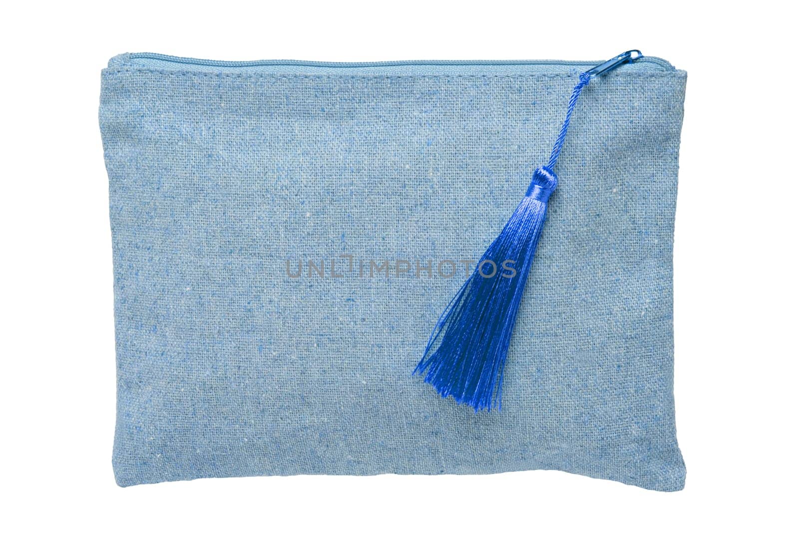 Cosmetic bags isolated. Close-up of a luxury cosmetic travel bag with zipper isolated on a white background. Used for essential equipment brushes for makeup and beauty products. Macro.