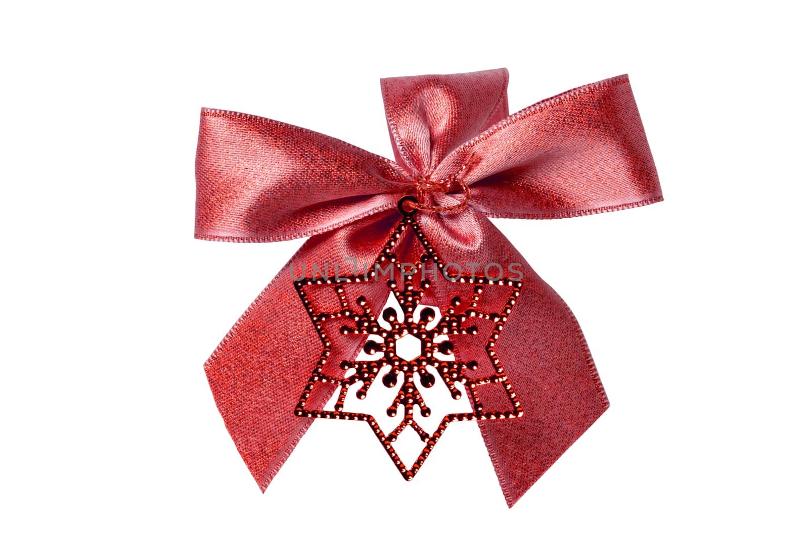 Gift bows. Closeup of a decorative red ribbon bow made of silk for gift box isolated on a white background. Decorations background with star. Clipping path. Macro photograph.