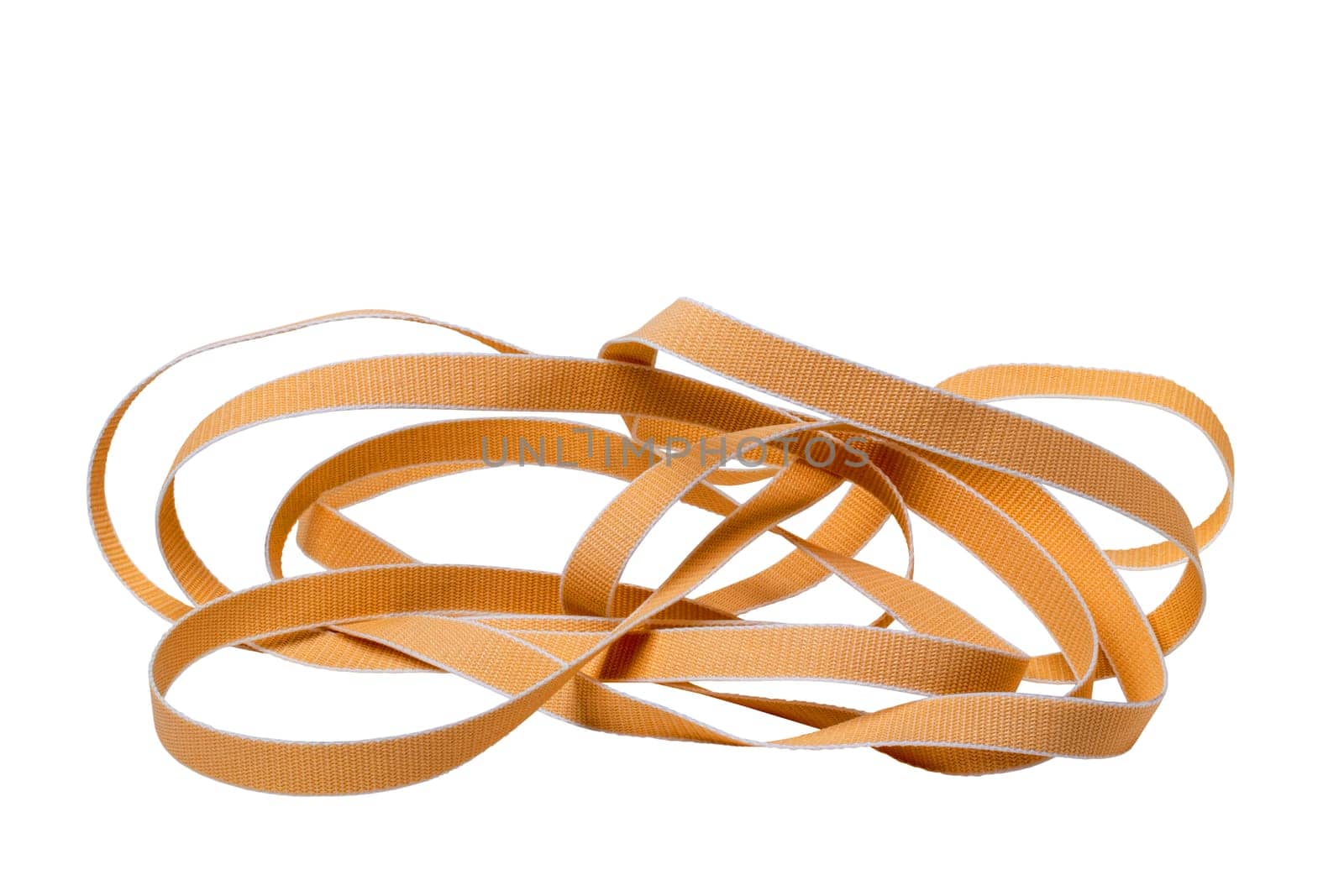 Roller shutter belt isolated. Close-up of a beige hard-wearing and tear-resistant, sturdy webbing for roller shutters and blinds isolated on a white background.