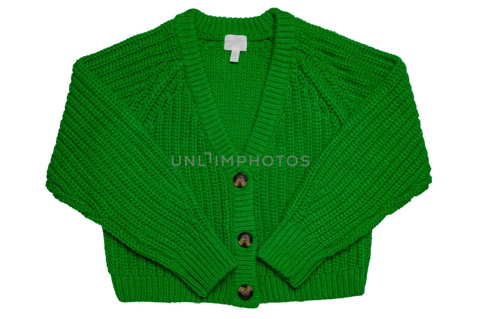 Casual elegant fluffy long-sleeved cardigan with V-neck and button closure isolated on a white background. Womens green sweater or jumper. Autumn and winter fashion.