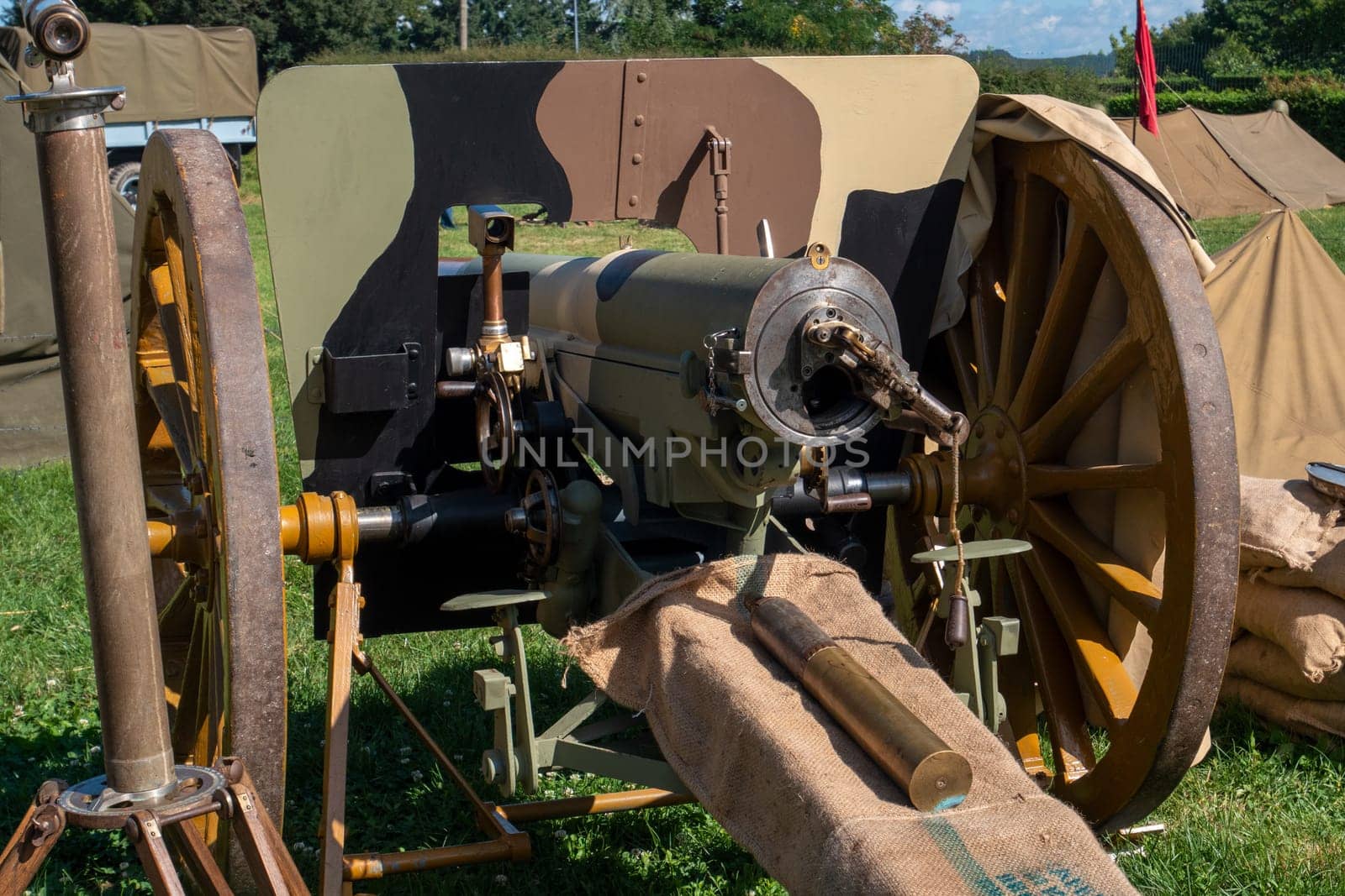 Old vintage gunpowder cannon on the wooden carriage