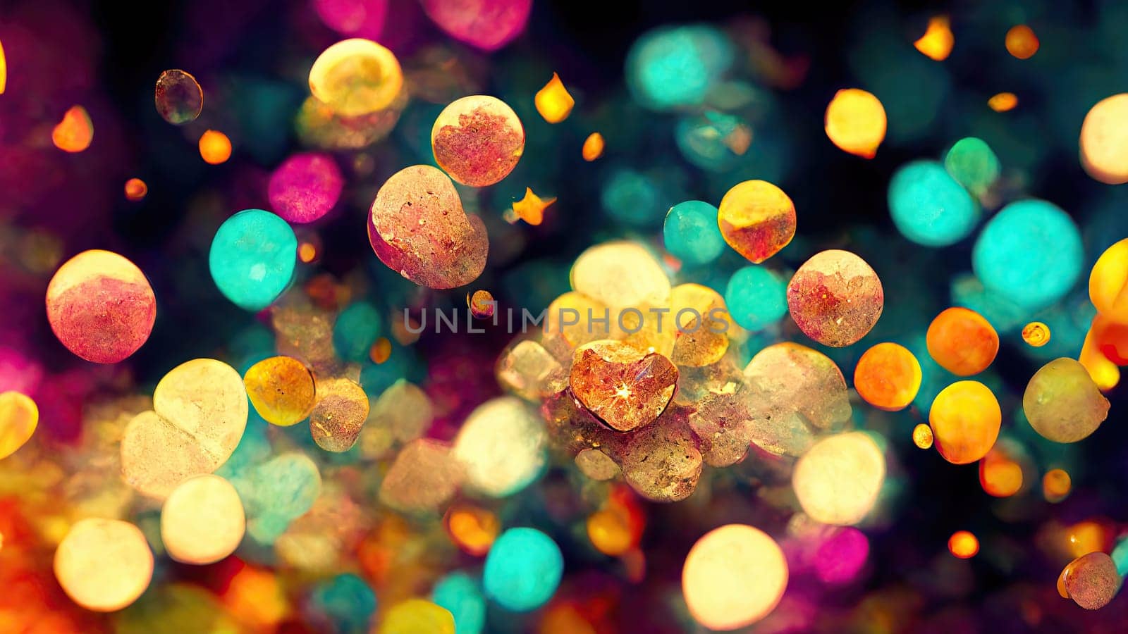 Colourful and dynamic christmas balls with depth of fields as background. Generated with Artificial Art.