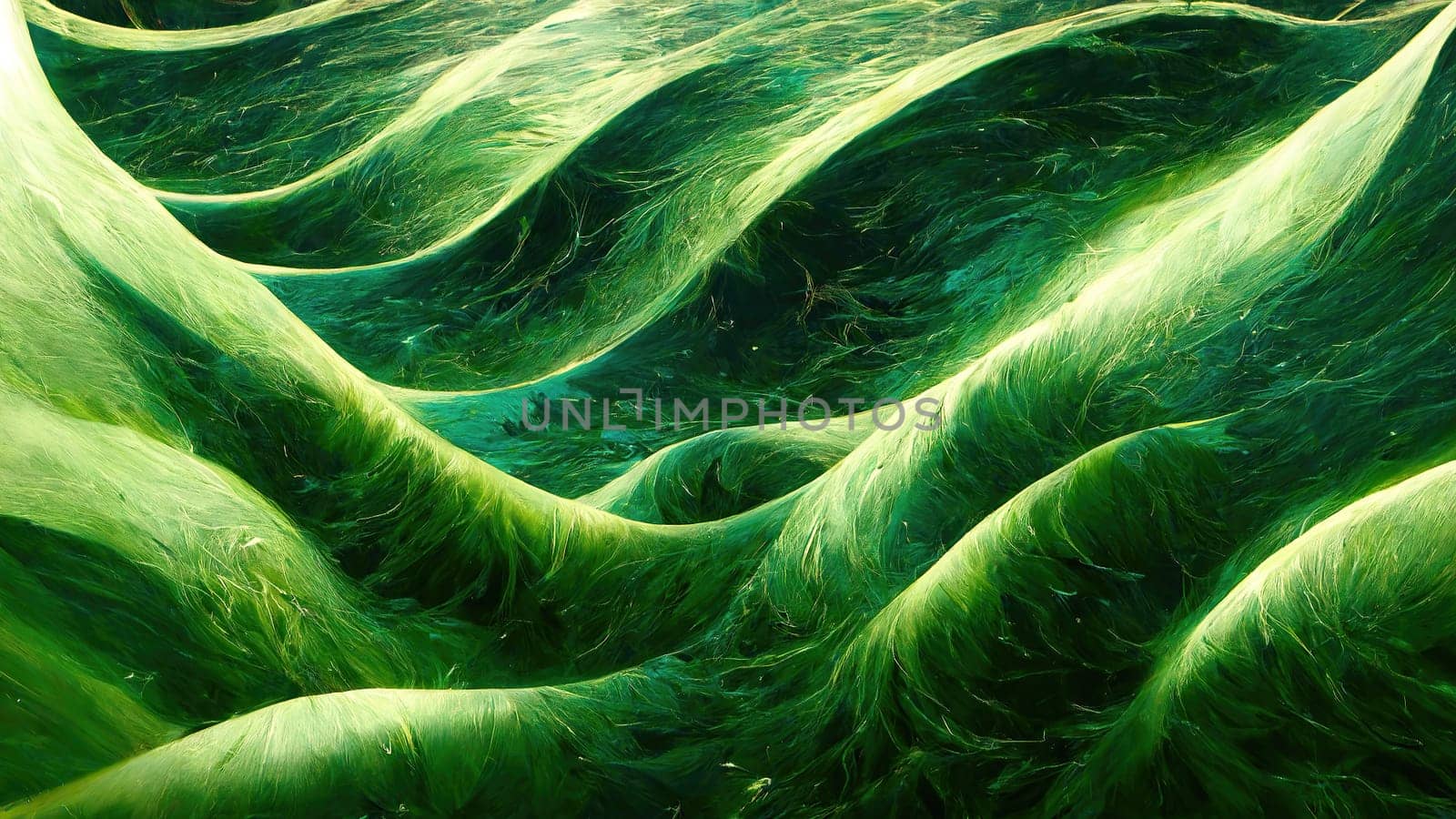 Green trendy gradient abstract waves full frame horizontal. Generated Artificial Art.