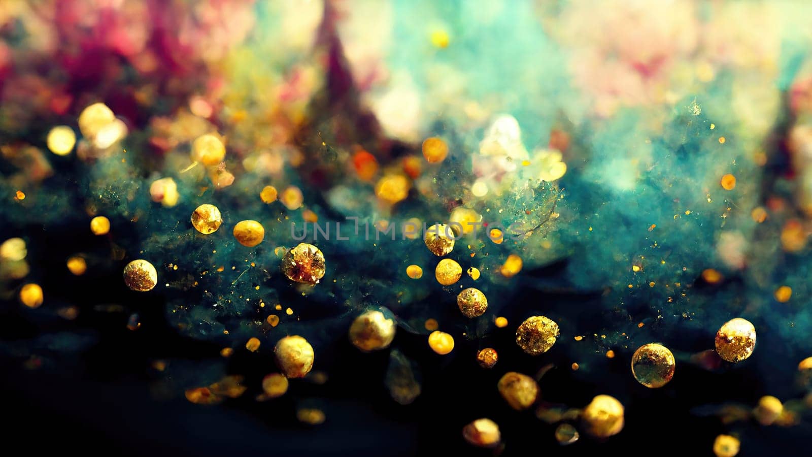Golden dynamic balls with depth of fields as background. Generated with Artificial Art.