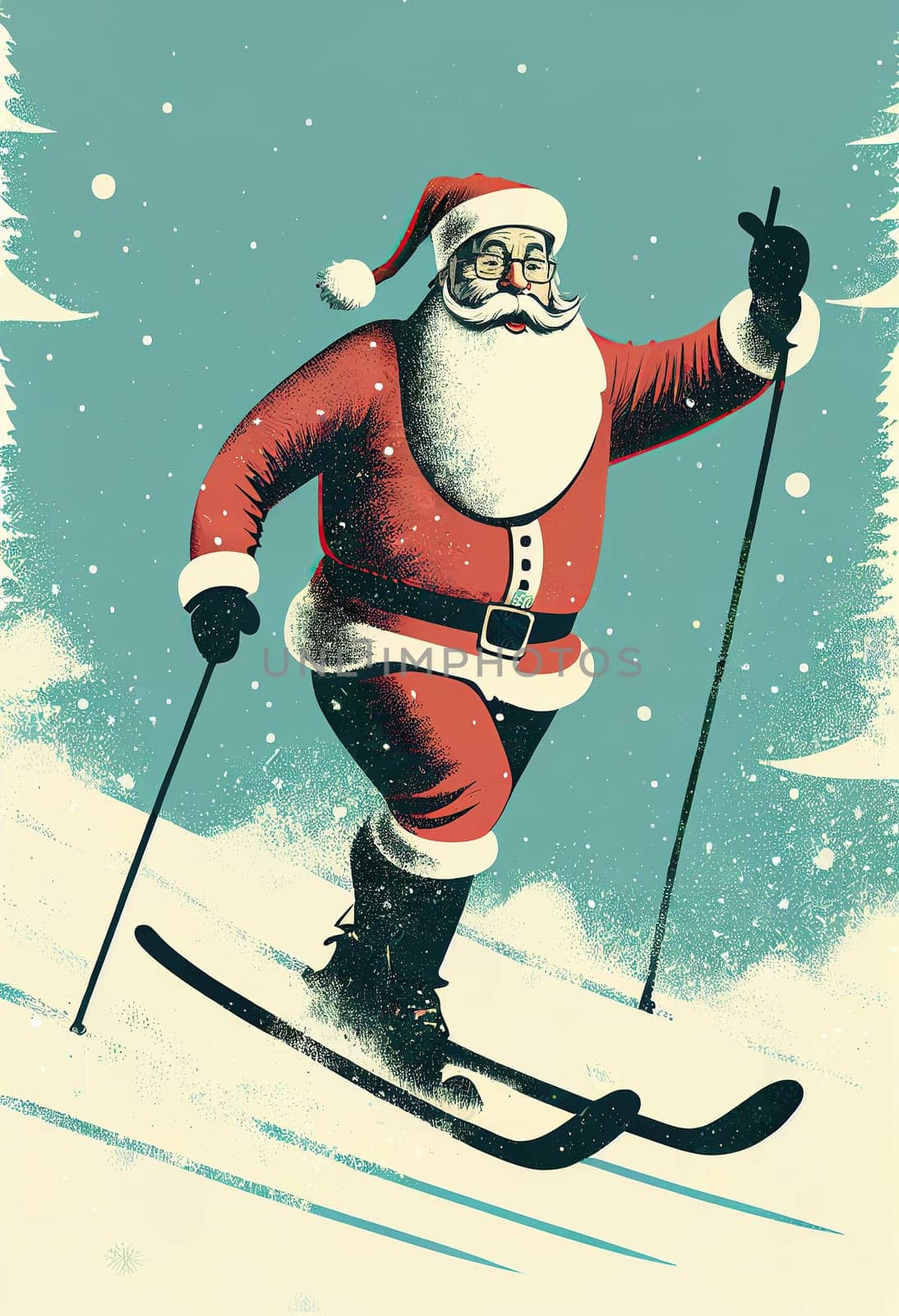 Santa Clause is skiing on a mountain with high snow in vector look. Artificial Art Generated