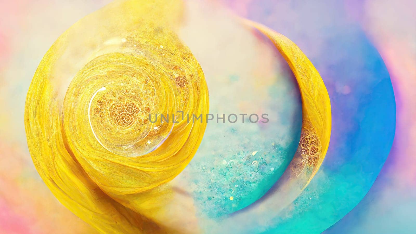 Dynamic graphic artificial generated swirl in yellow and light blue.