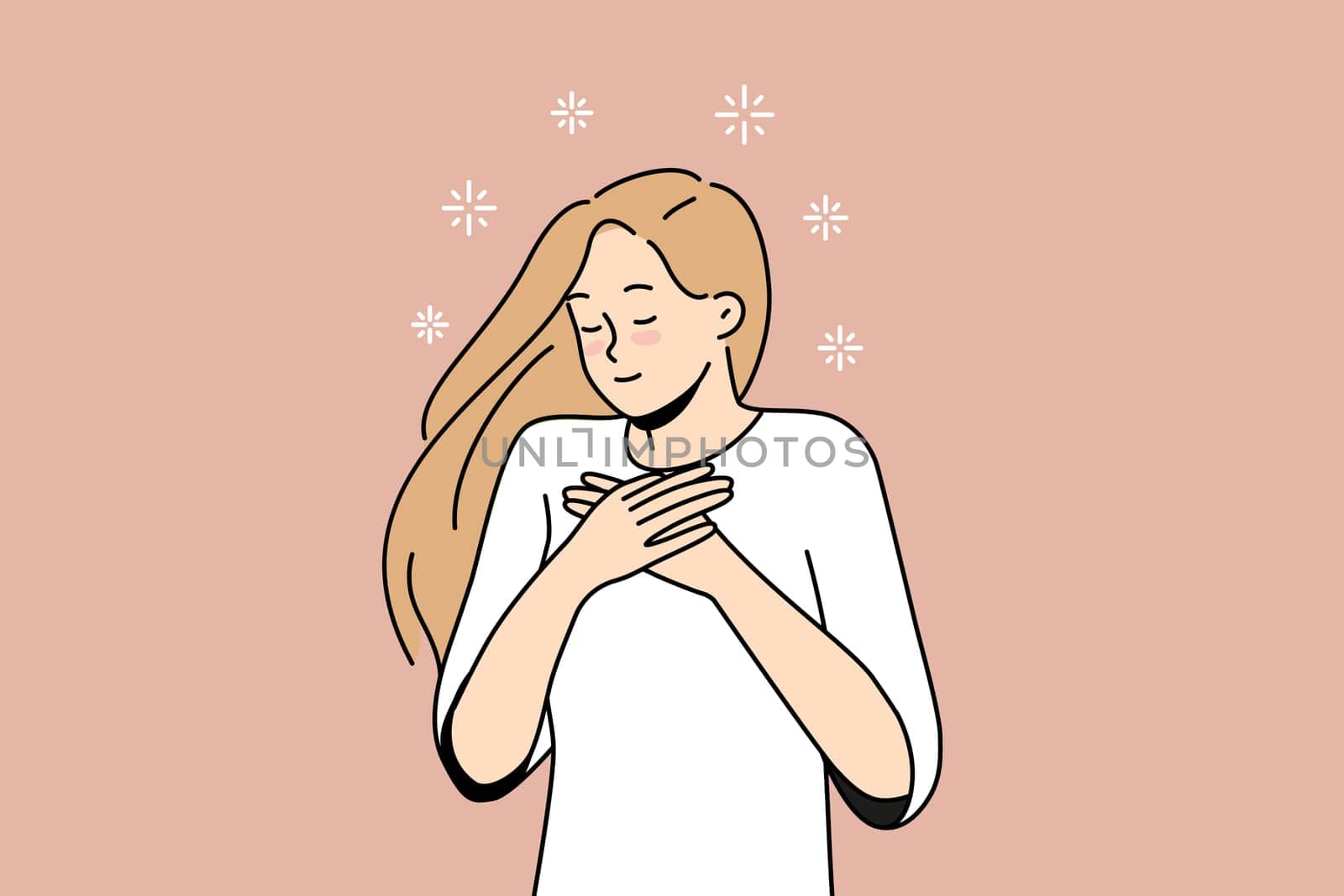 Happy woman with hands at chest feel grateful