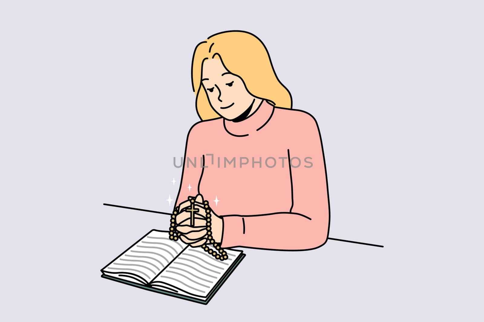Religious young woman read bible pray with rosary. Female believer praying to god in church. Faith and religion. Vector illustration.