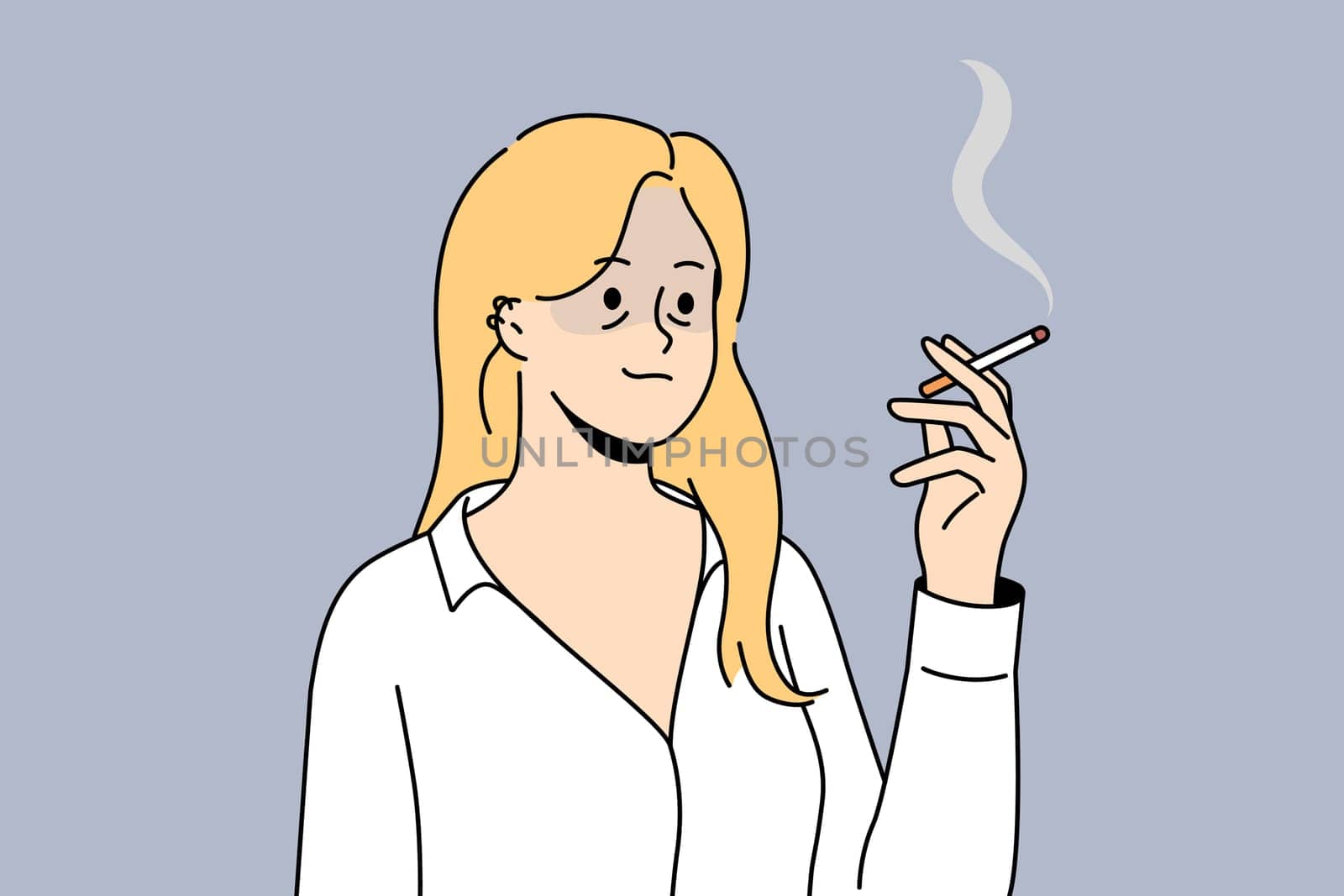 Unhealthy tired young woman feel overwhelmed smoking cigarette. Unhappy female employee with bad habit feeling exhausted and overworked. Vector illustration.