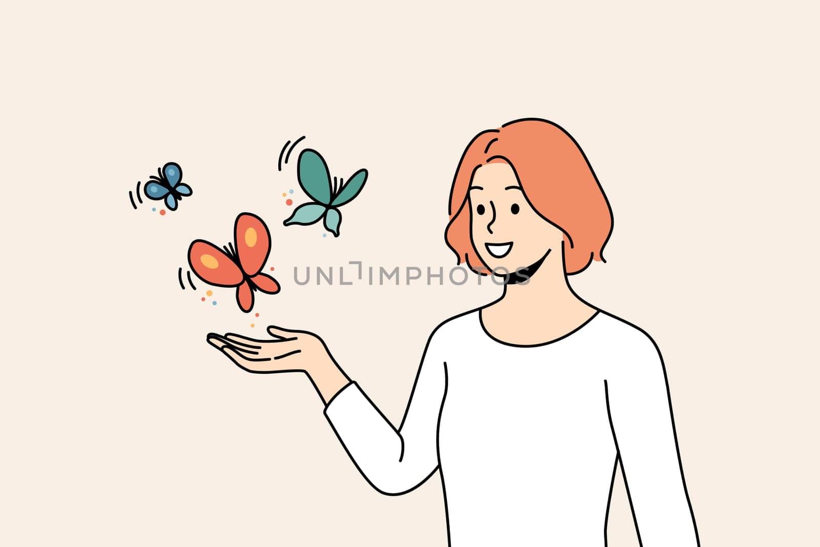 Smiling young woman with butterflies flying near hand. Happy female enjoy wild nature and outdoors. Vector illustration.