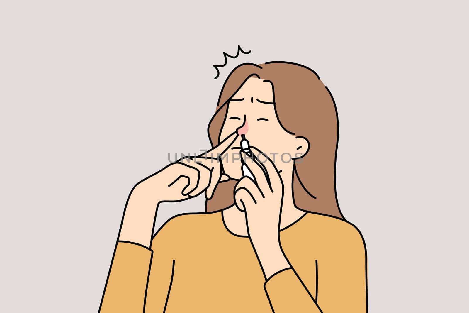 Unhealthy woman suffer from rhinitis put medical drops into nose. Unwell female with runny nose take medication. Vector illustration.