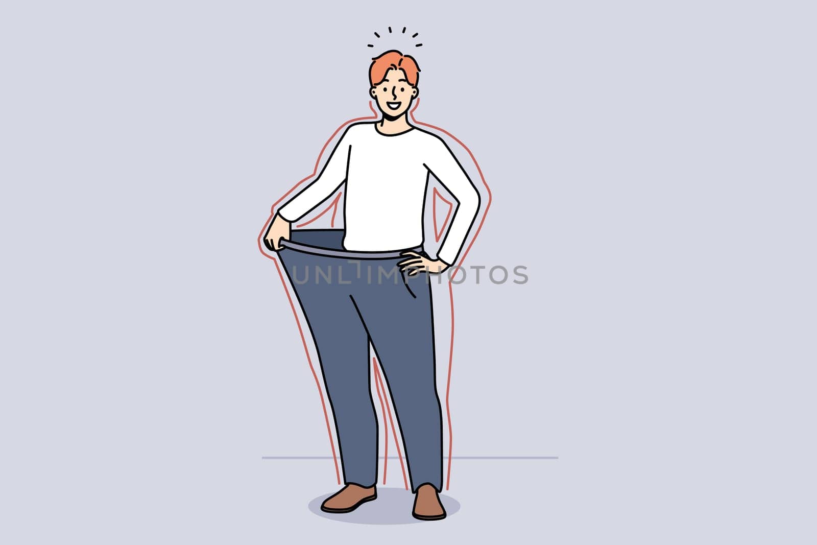 Smiling young man in loose pants show results of diet. Happy slim guy demonstrate nutrition result and weight loss. Vector illustration.