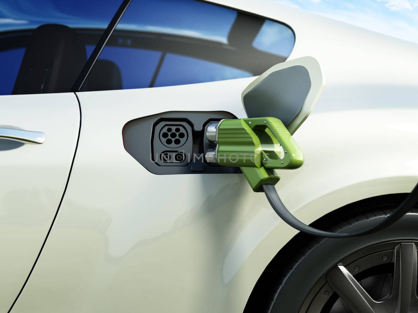 Electric car battery charging at charge station. 3D illustration.