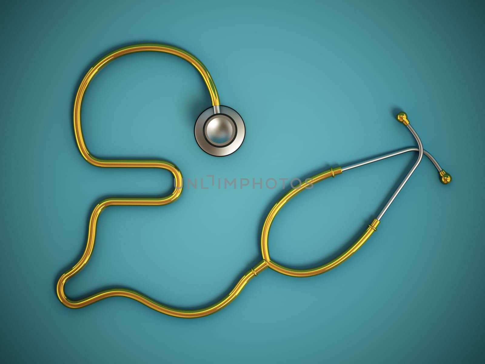 Stethoscope with Pound symbol shaped cord on green background. Medical costs and expenditures concept. 3D illustration.