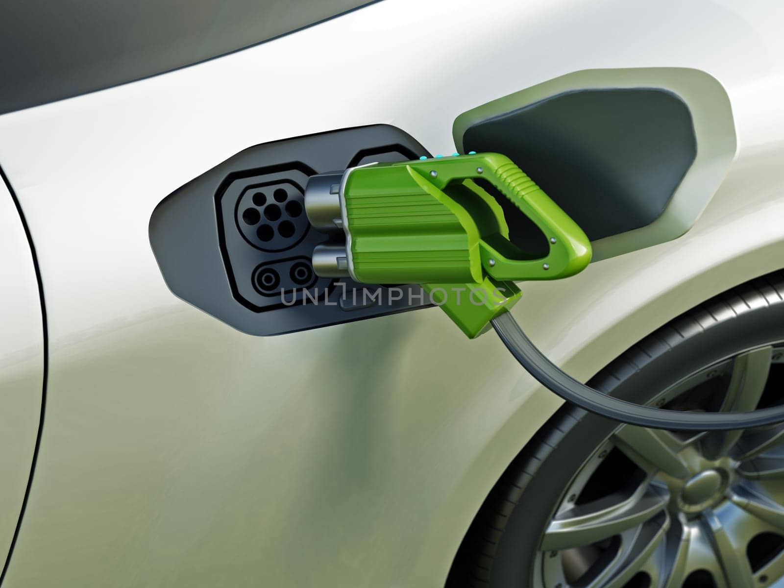 Electric car battery charging at charge station. 3D illustration.