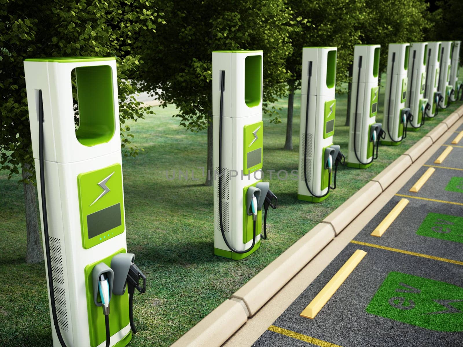 Electric car charging point at car parking lot. Future transport technology and clean energy concept. 3D illustration.