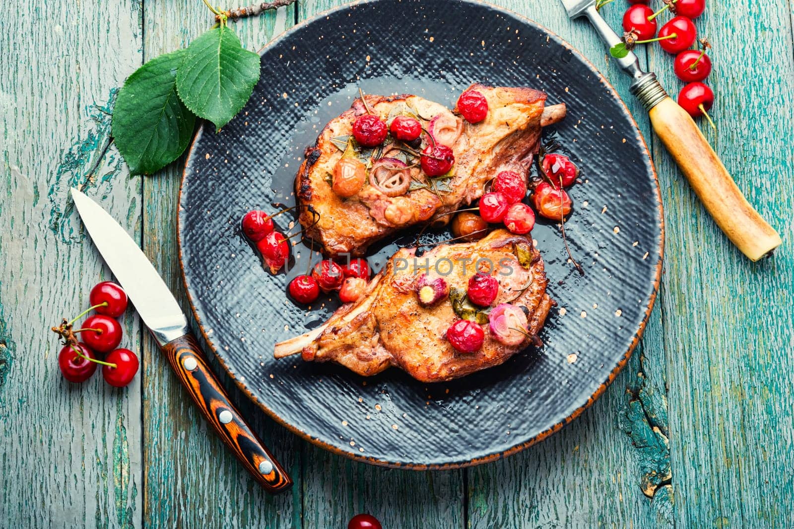 Smoked meat ribs with cherry