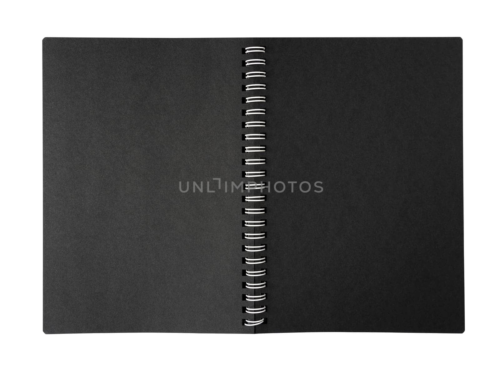 top view closeup of open notebook with metal spiral and black blank pages isolated on white