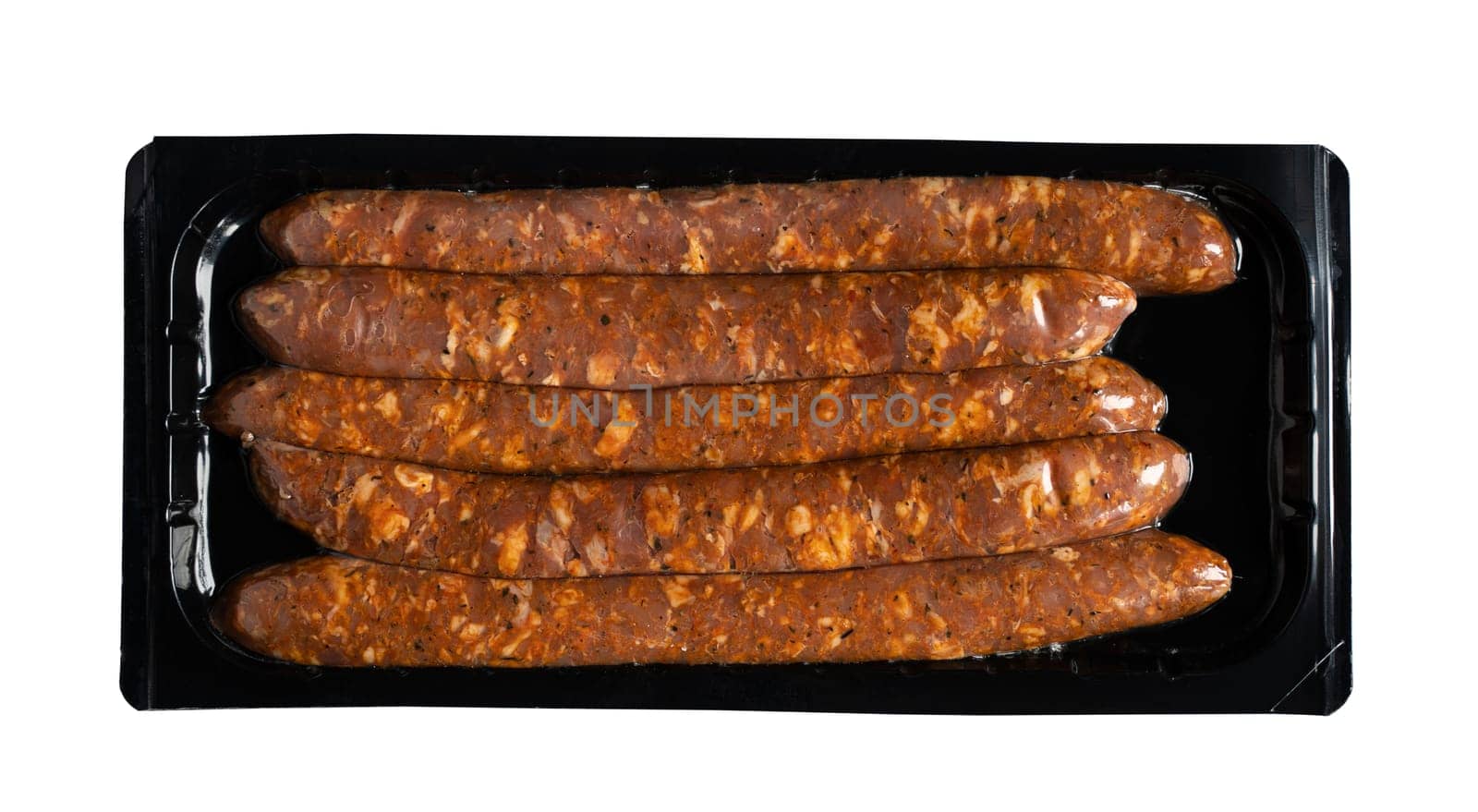 top view of smoked salami sausages in transparent vacuum plastic black packaging isolated on white
