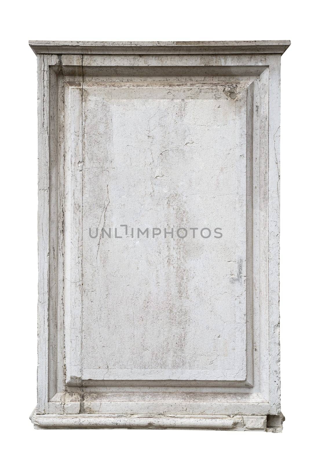 front view closeup of square empty classic ornamental frame signboard plaque on white marble stone wall isolated on white