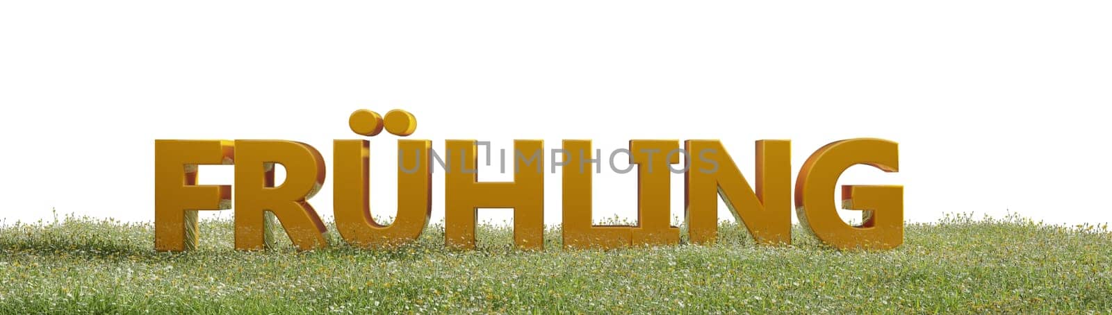 The German word spring with photorealistic grass hill on a white background, 3d rendering