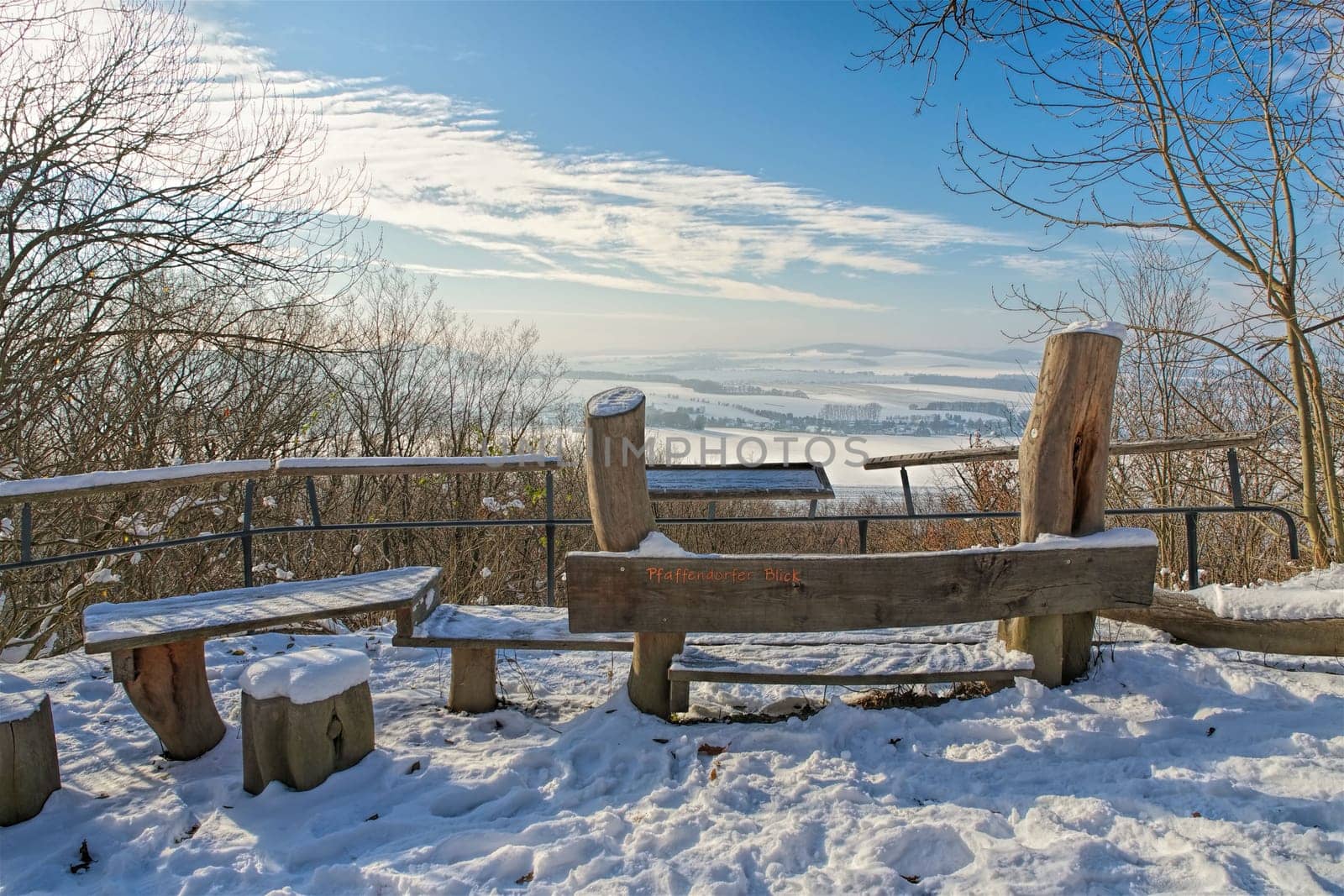 in the town of Goerlitz, the mountain Landeskrone in winter, view to the south in Upper Lusatia