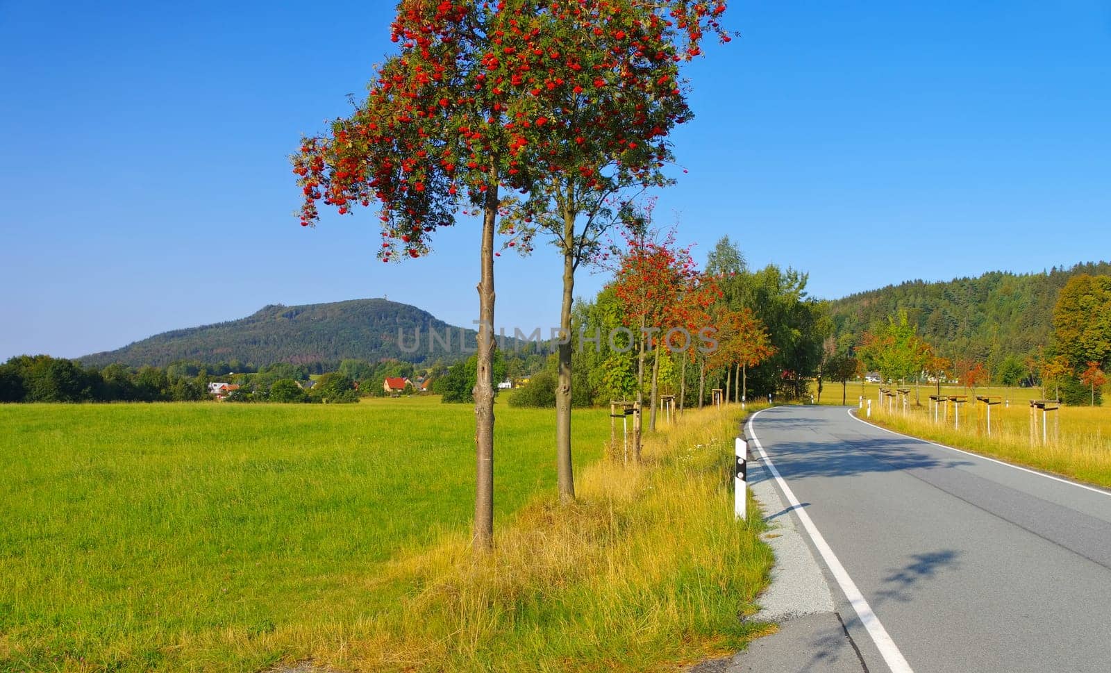 Zittau Mountains, the mountain Hochwald and village Lueckendorf in autumn